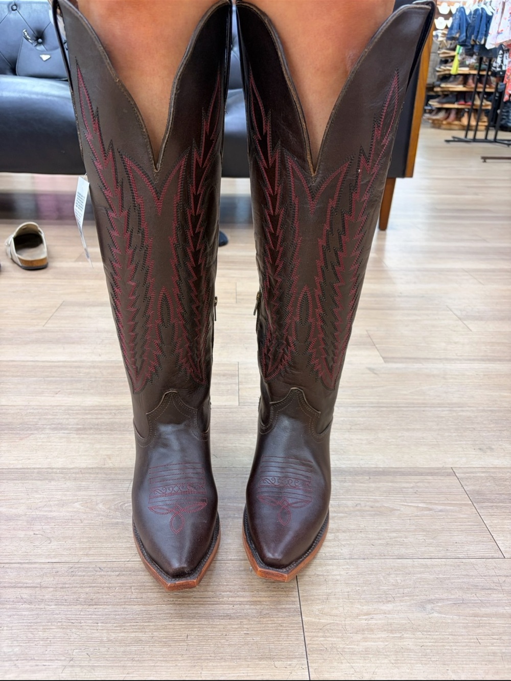 Women's wide calf Dark Brown Leather Western Heeled Boots with Red Stitching